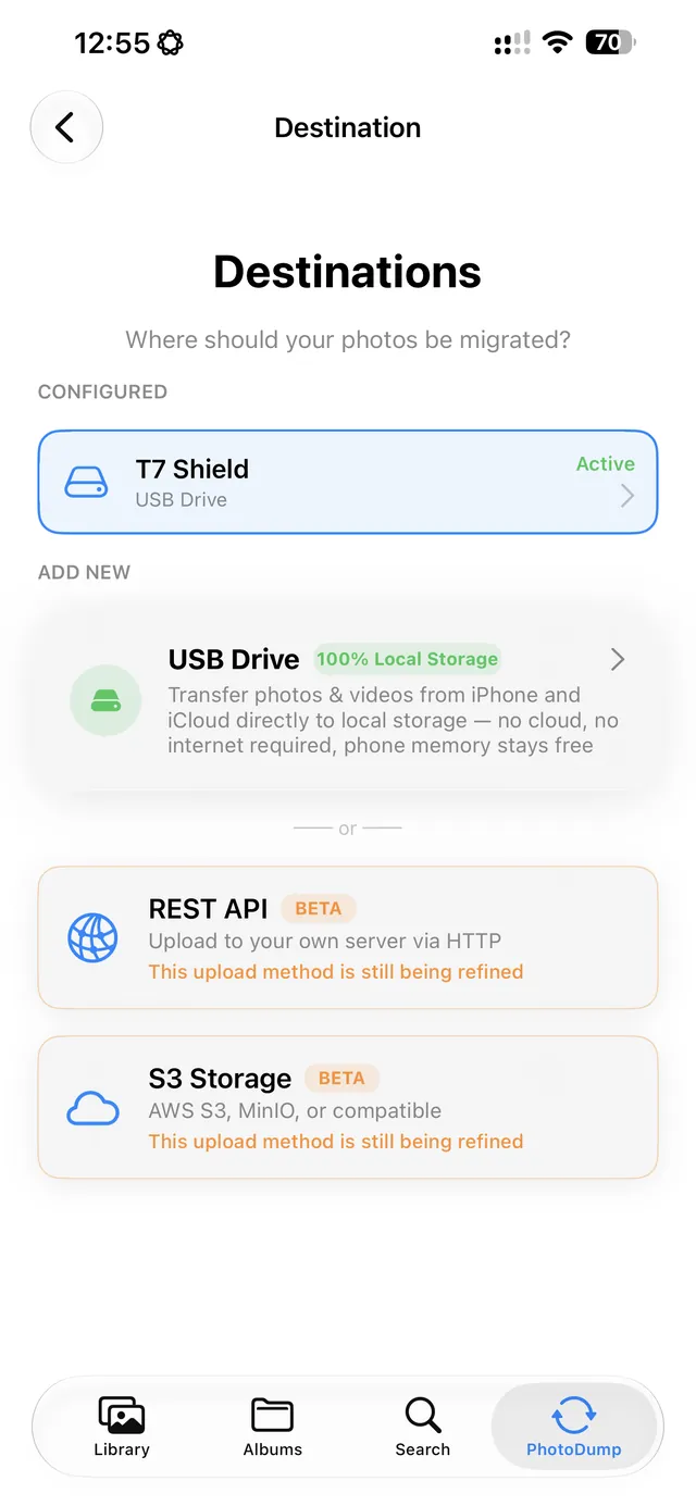 Pick where photos go: USB/SSD, your own S3 bucket, or a REST server you control.
