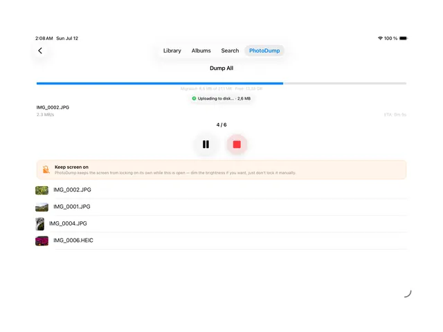 Live transfer progress, file by file, on iPad.